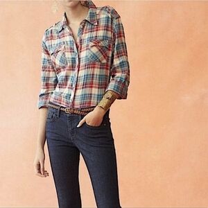 Anthropologie Postage Stamp Long Sleeve Red/Blue Plaid Button-Up Shirt Size 4